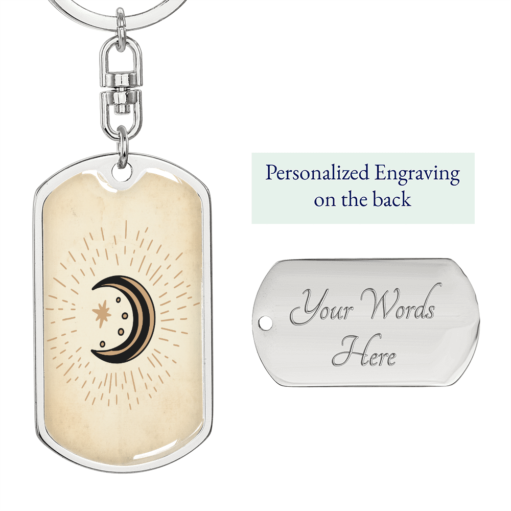 Celestial Half Moon Beige Keychain Stainless Steel or 18k Gold Dog Tag Keyring-Express Your Love Gifts