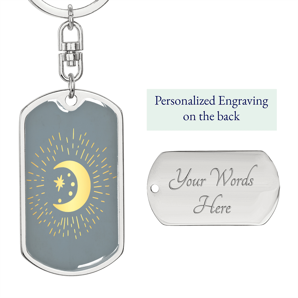 Celestial Half Moon Keychain Stainless Steel or 18k Gold Dog Tag Keyring-Express Your Love Gifts