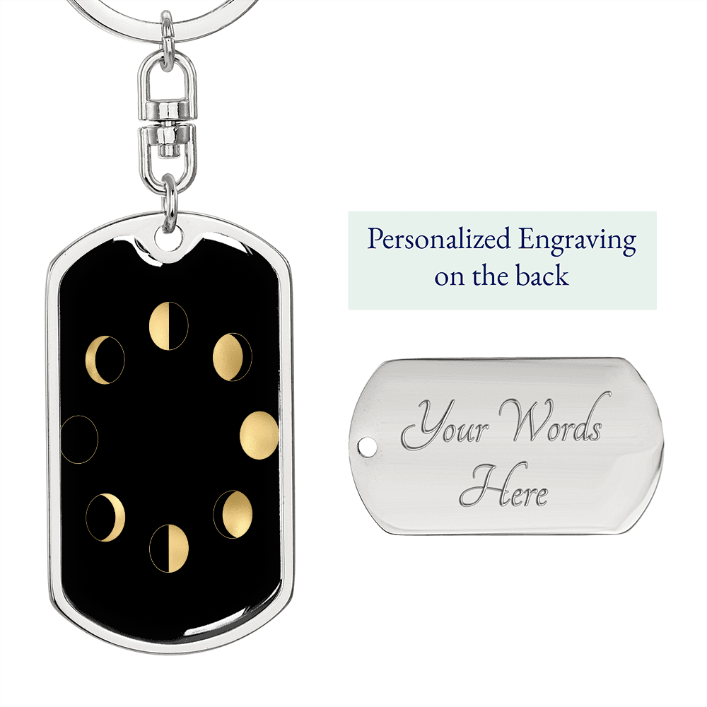 Celestial Moon Phases Keychain Stainless Steel or 18k Gold Dog Tag Keyring-Express Your Love Gifts