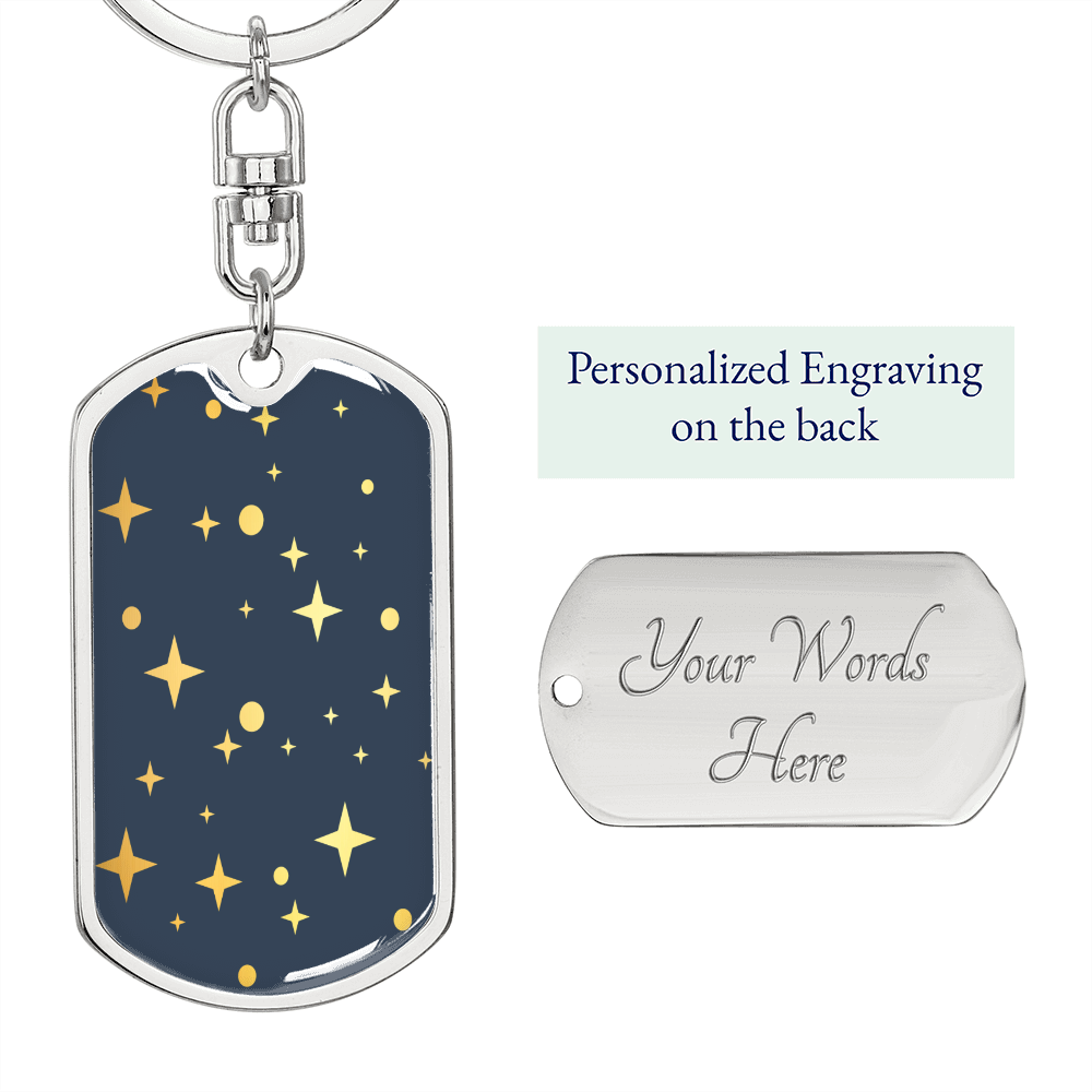 Celestial Stars Navy Blue Keychain Stainless Steel or 18k Gold Dog Tag Keyring-Express Your Love Gifts