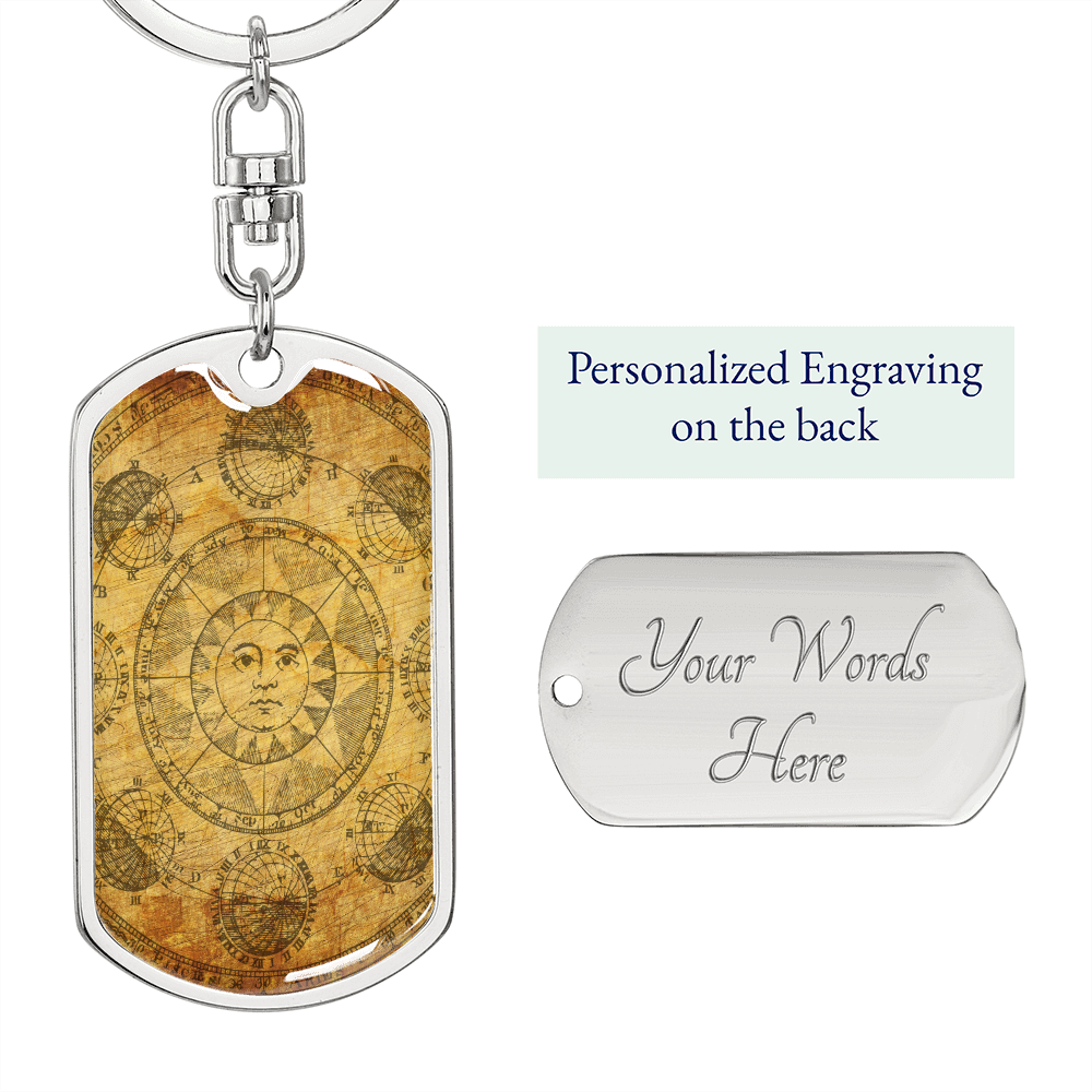 Celestial Sun Face Keychain Stainless Steel or 18k Gold Dog Tag Keyring-Express Your Love Gifts