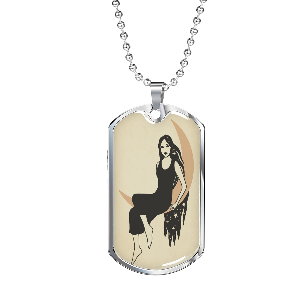 Celestial Woman on Moon Necklace Stainless Steel or 18k Gold Dog Tag 24" Chain-Express Your Love Gifts