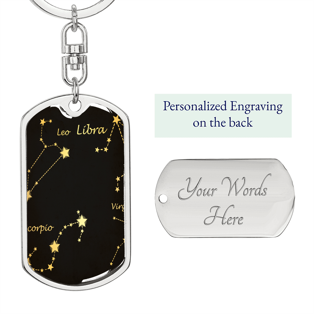 Celestial Zodiac Keychain Stainless Steel or 18k Gold Dog Tag Keyring-Express Your Love Gifts