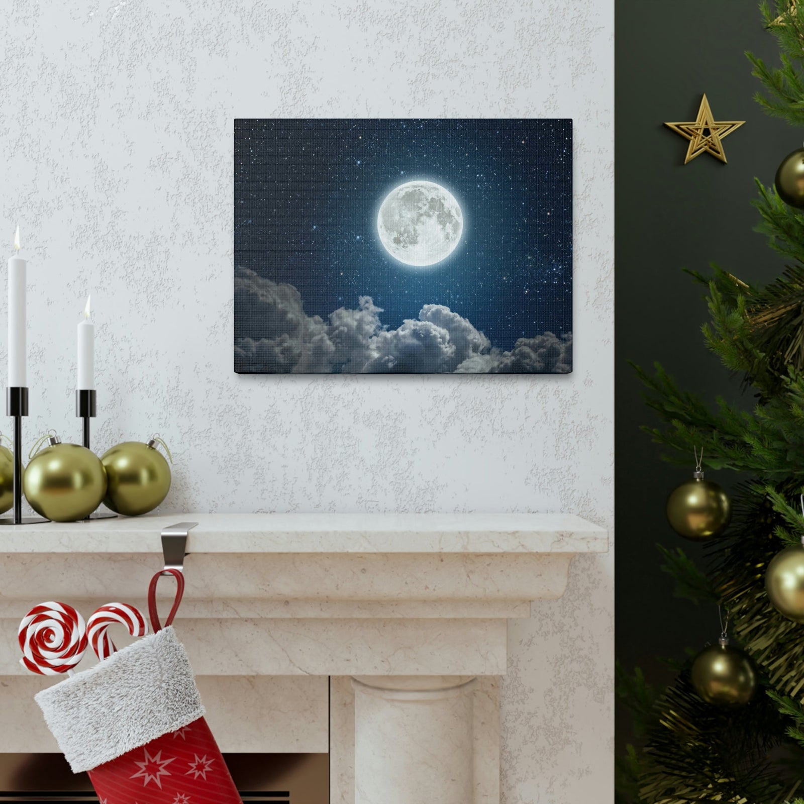 Charming Moon and Stars Scene Beautiful Engaging and Lovely Night Beauty Nature Scene Pitch Black and Shiny Night Wall Art Ready to Hang Unframed-Express Your Love Gifts