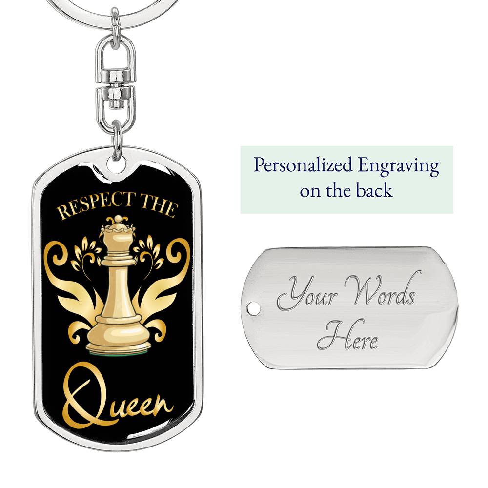 Chess Fan Gift Respect The Queen Keychain Dog Tag Stainless Steel or 18k Gold-Express Your Love Gifts