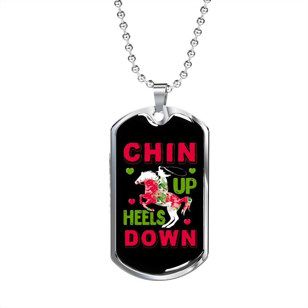 Chin Up Heels Down Horse Necklace Stainless Steel or 18k Gold Dog Tag 24" Chain-Express Your Love Gifts