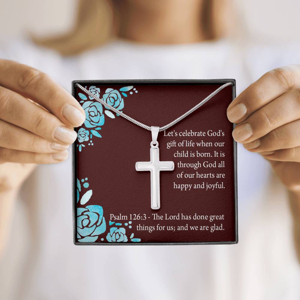 Christian Encouragement Baby Girl is God's Gift Psalm 126:3 Cross Necklace Stainless Steel Pendant Message Card-Express Your Love Gifts