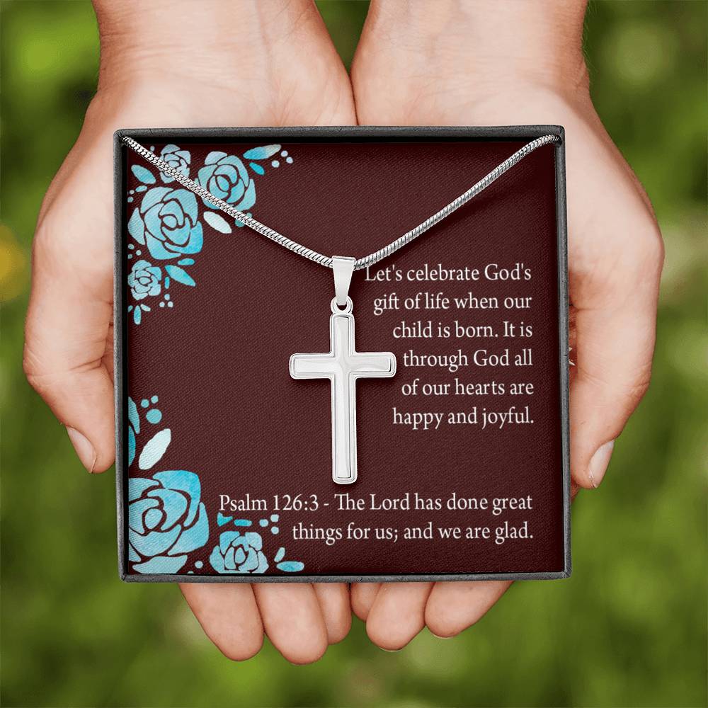 Christian Encouragement Baby Girl is God's Gift Psalm 126:3 Cross Necklace Stainless Steel Pendant Message Card-Express Your Love Gifts