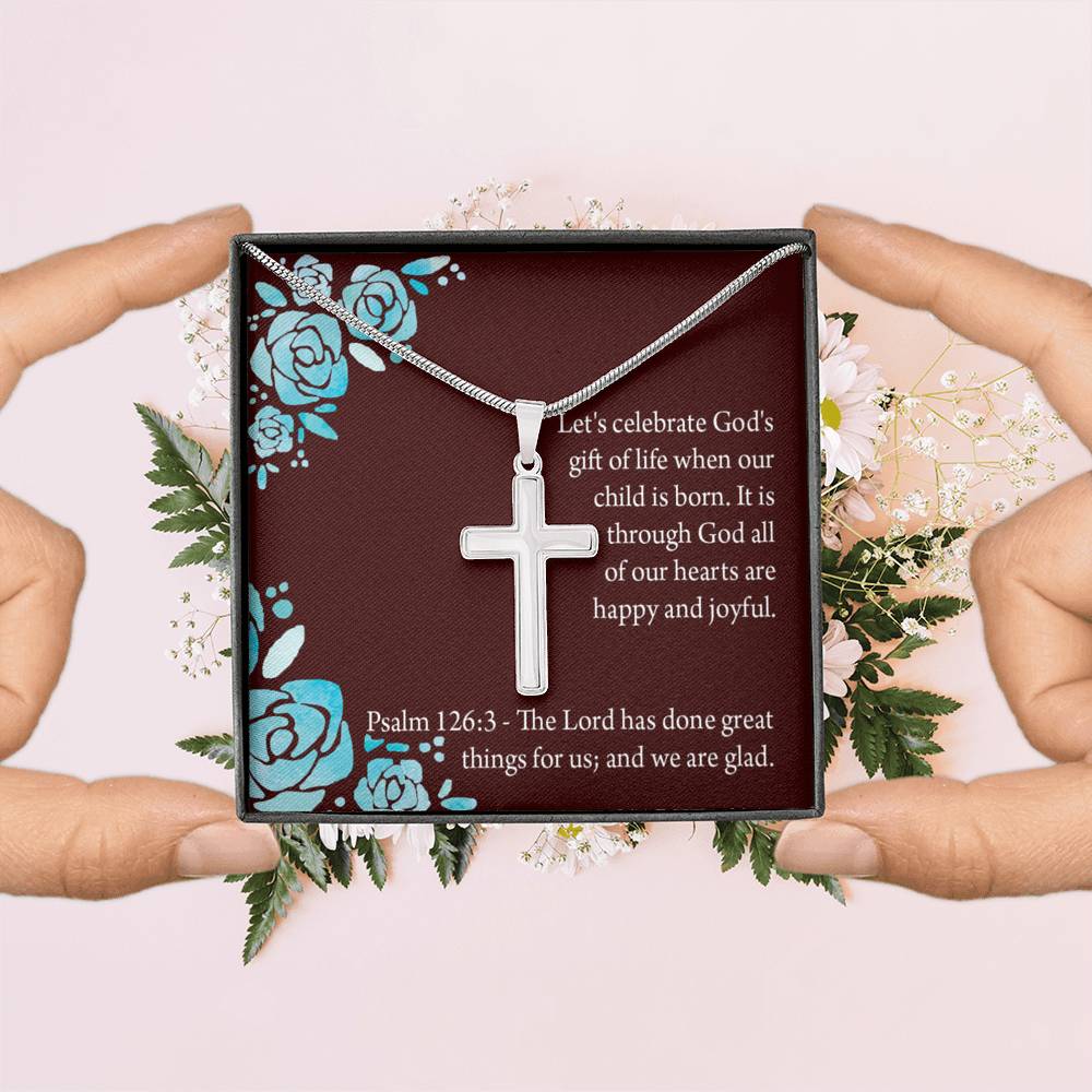 Christian Encouragement Baby Girl is God's Gift Psalm 126:3 Cross Necklace Stainless Steel Pendant Message Card-Express Your Love Gifts