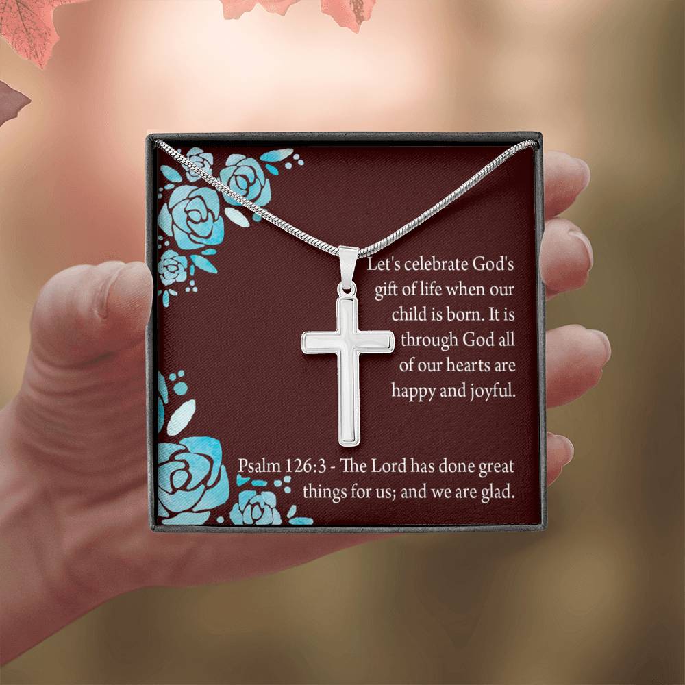 Christian Encouragement Baby Girl is God's Gift Psalm 126:3 Cross Necklace Stainless Steel Pendant Message Card-Express Your Love Gifts