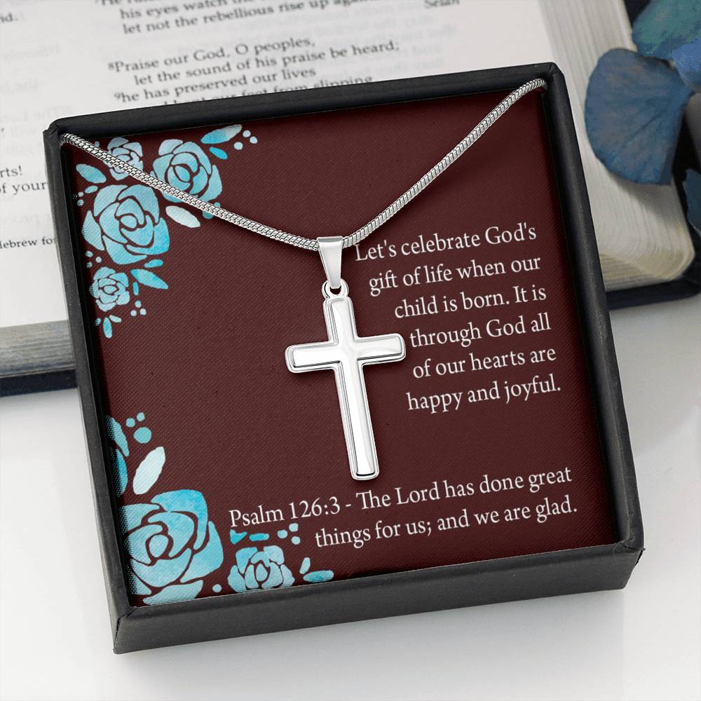 Christian Encouragement Baby Girl is God's Gift Psalm 126:3 Cross Necklace Stainless Steel Pendant Message Card-Express Your Love Gifts