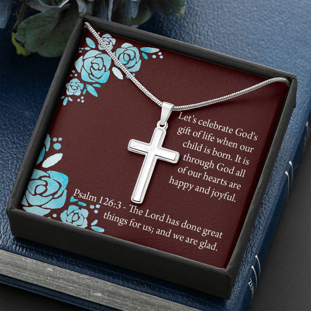 Christian Encouragement Baby Girl is God's Gift Psalm 126:3 Cross Necklace Stainless Steel Pendant Message Card-Express Your Love Gifts