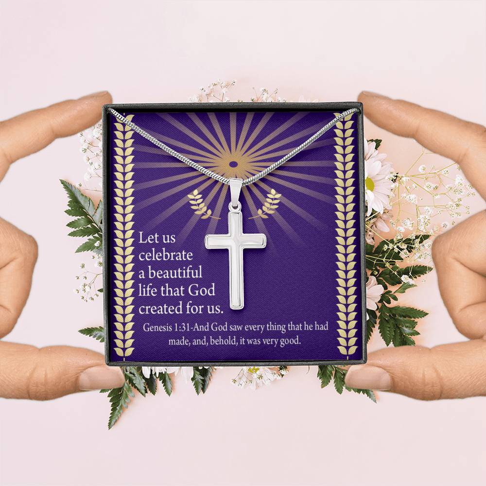 Christian Encouragement Beautiful Life Genesis 1:31 Cross Card Necklace w Stainless Steel Pendant-Express Your Love Gifts
