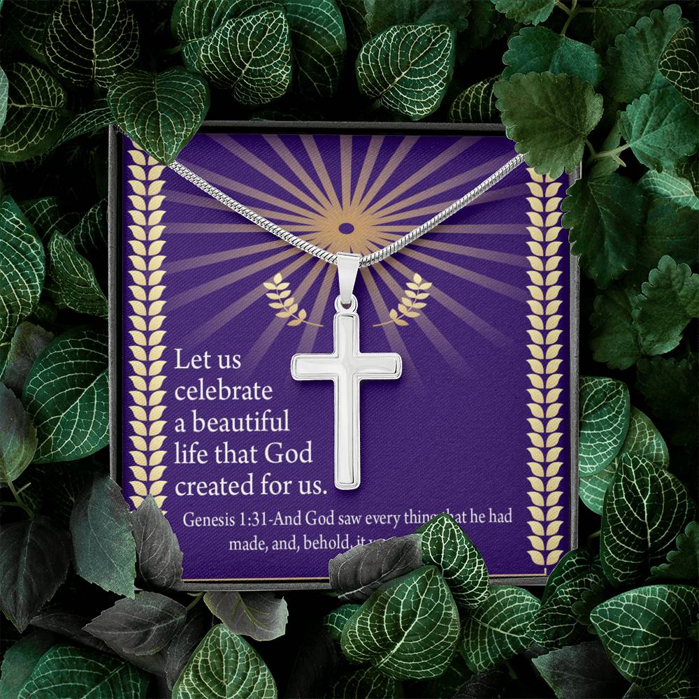 Christian Encouragement Beautiful Life Genesis 1:31 Cross Card Necklace w Stainless Steel Pendant-Express Your Love Gifts