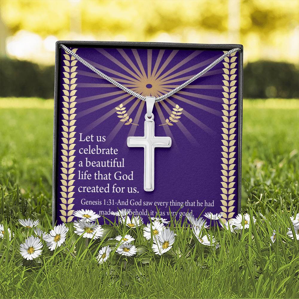 Christian Encouragement Beautiful Life Genesis 1:31 Cross Card Necklace w Stainless Steel Pendant-Express Your Love Gifts