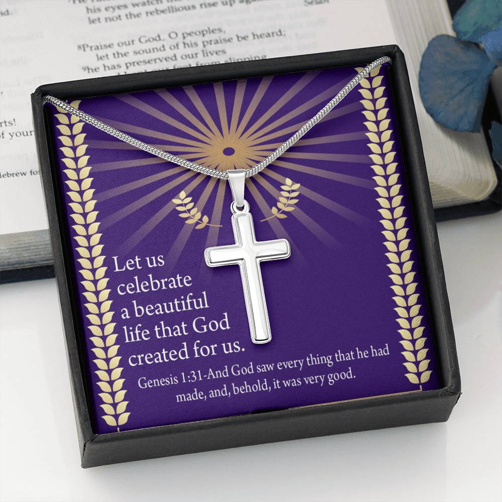 Christian Encouragement Beautiful Life Genesis 1:31 Cross Card Necklace w Stainless Steel Pendant-Express Your Love Gifts