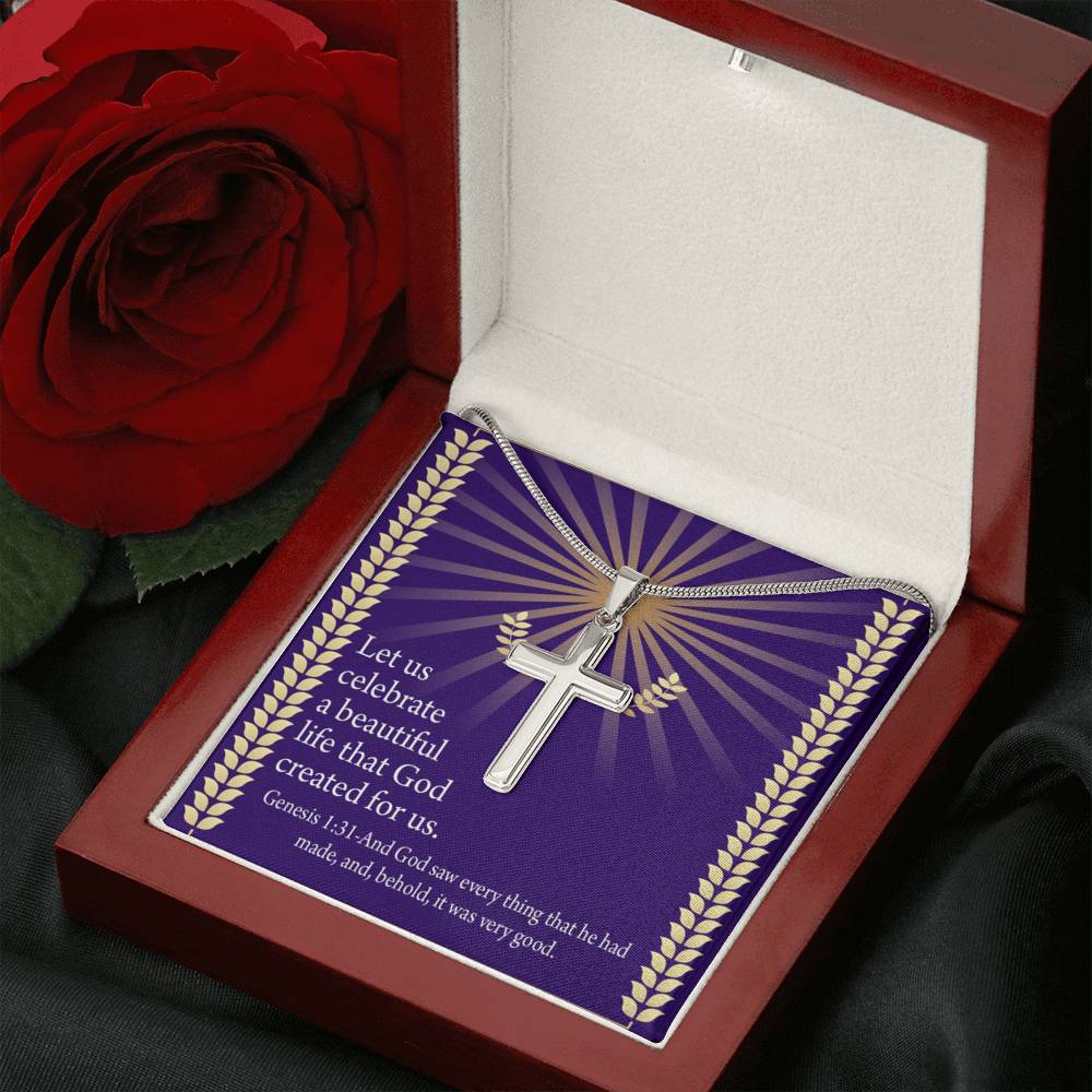 Christian Encouragement Beautiful Life Genesis 1:31 Cross Card Necklace w Stainless Steel Pendant-Express Your Love Gifts
