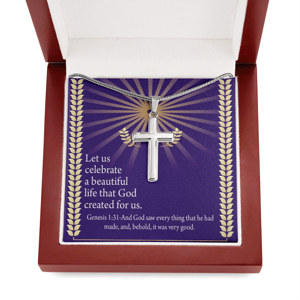 Christian Encouragement Beautiful Life Genesis 1:31 Cross Card Necklace w Stainless Steel Pendant-Express Your Love Gifts