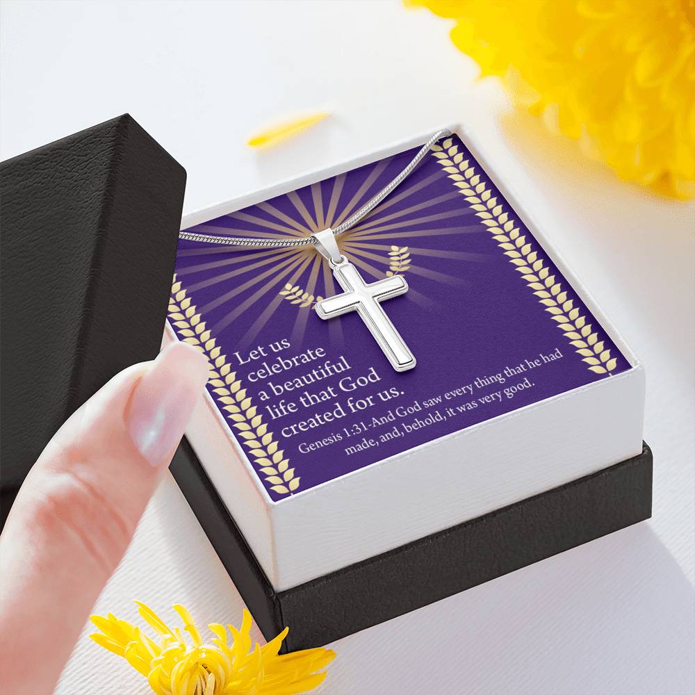 Christian Encouragement Beautiful Life Genesis 1:31 Cross Card Necklace w Stainless Steel Pendant-Express Your Love Gifts