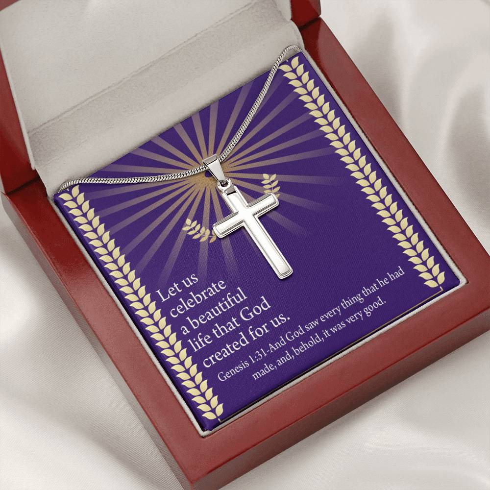 Christian Encouragement Beautiful Life Genesis 1:31 Cross Card Necklace w Stainless Steel Pendant-Express Your Love Gifts