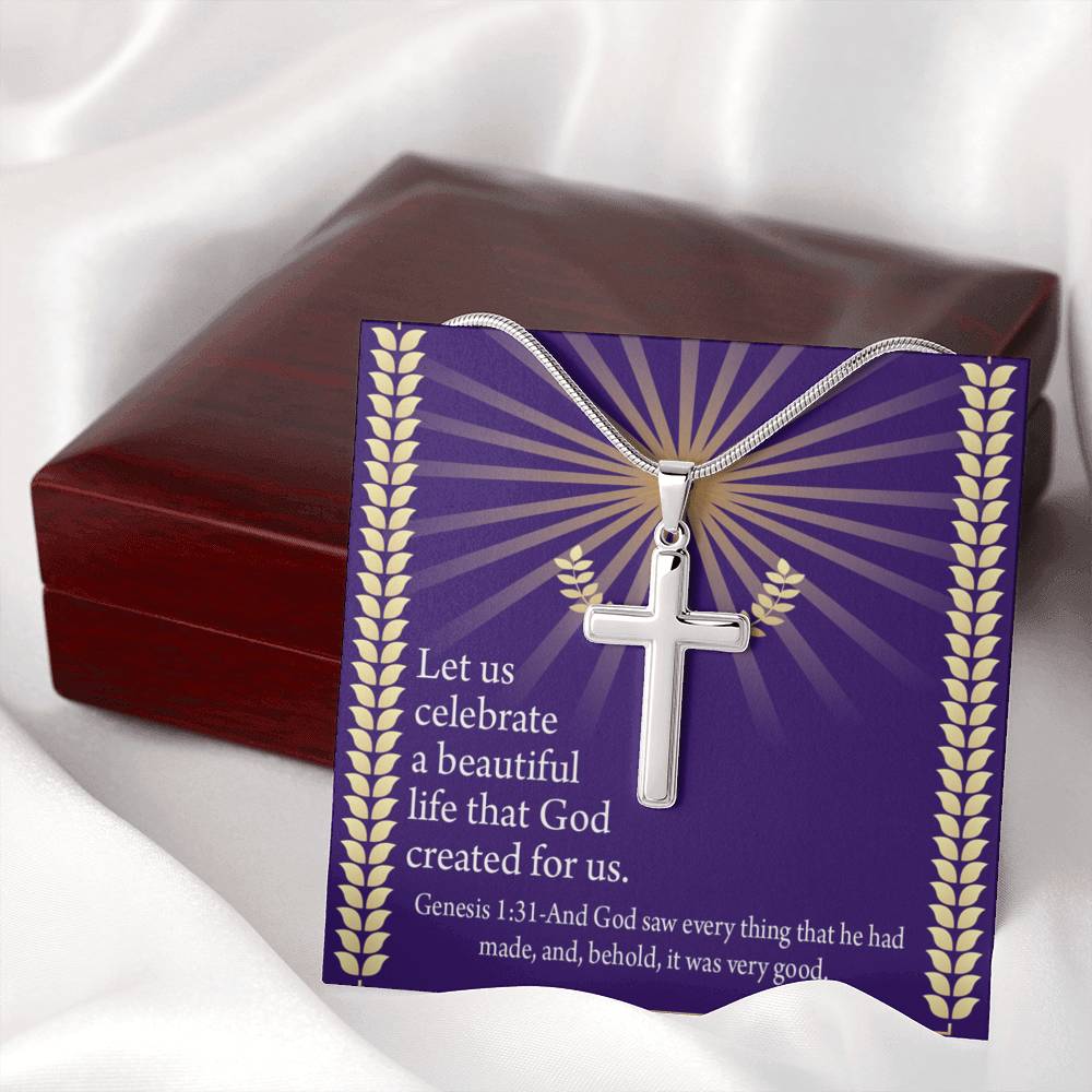 Christian Encouragement Beautiful Life Genesis 1:31 Cross Card Necklace w Stainless Steel Pendant-Express Your Love Gifts