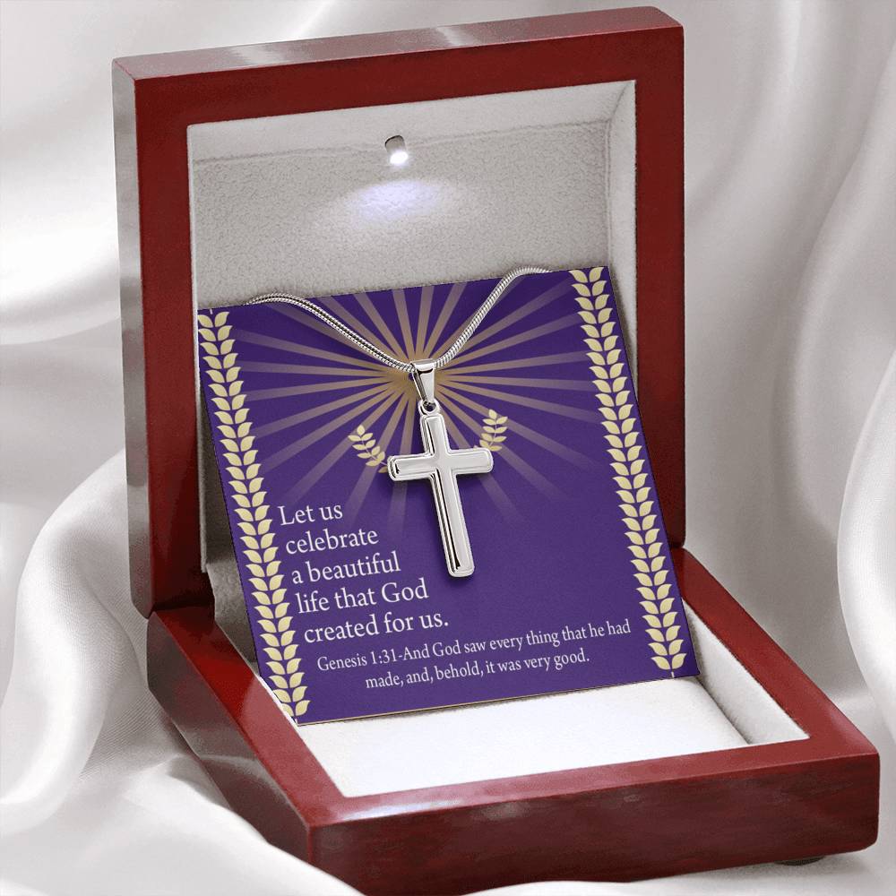Christian Encouragement Beautiful Life Genesis 1:31 Cross Card Necklace w Stainless Steel Pendant-Express Your Love Gifts