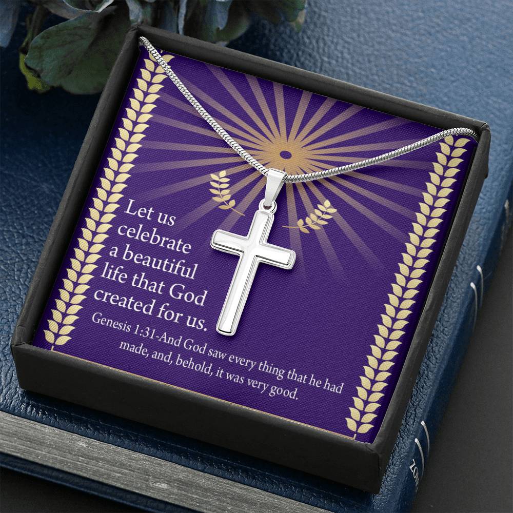 Christian Encouragement Beautiful Life Genesis 1:31 Cross Card Necklace w Stainless Steel Pendant-Express Your Love Gifts