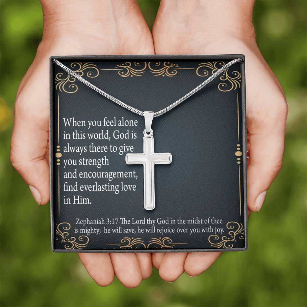 Christian Encouragement Care & Concern Zephaniah 3:17 Cross Card Necklace w Stainless Steel Pendant-Express Your Love Gifts