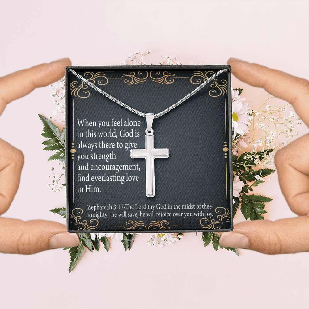 Christian Encouragement Care & Concern Zephaniah 3:17 Cross Card Necklace w Stainless Steel Pendant-Express Your Love Gifts
