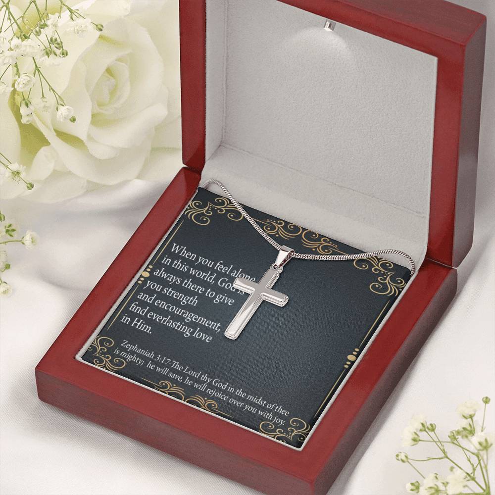 Christian Encouragement Care & Concern Zephaniah 3:17 Cross Card Necklace w Stainless Steel Pendant-Express Your Love Gifts