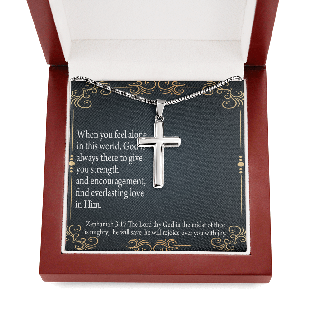 Christian Encouragement Care & Concern Zephaniah 3:17 Cross Card Necklace w Stainless Steel Pendant-Express Your Love Gifts