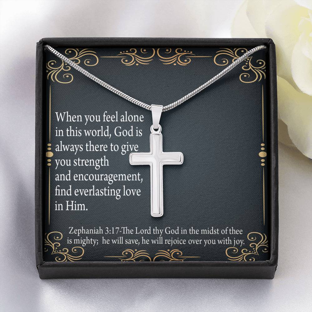Christian Encouragement Care & Concern Zephaniah 3:17 Cross Card Necklace w Stainless Steel Pendant-Express Your Love Gifts