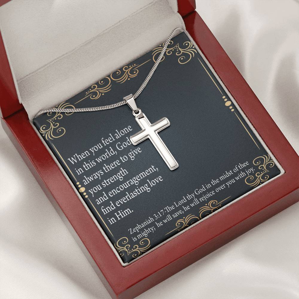 Christian Encouragement Care & Concern Zephaniah 3:17 Cross Card Necklace w Stainless Steel Pendant-Express Your Love Gifts