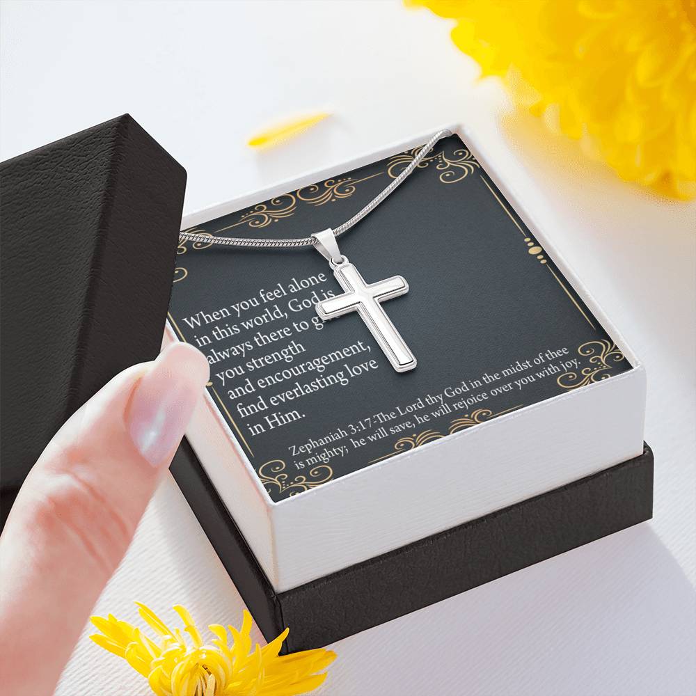 Christian Encouragement Care & Concern Zephaniah 3:17 Cross Card Necklace w Stainless Steel Pendant-Express Your Love Gifts
