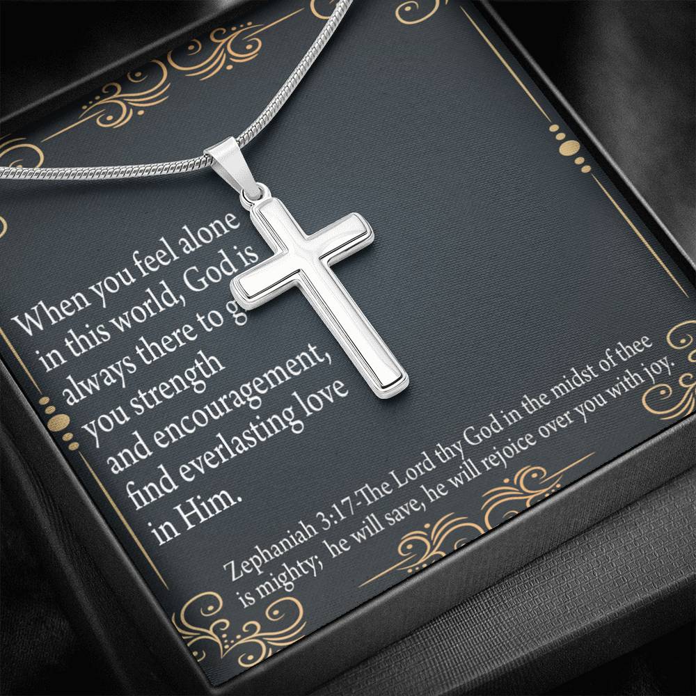 Christian Encouragement Care & Concern Zephaniah 3:17 Cross Card Necklace w Stainless Steel Pendant-Express Your Love Gifts