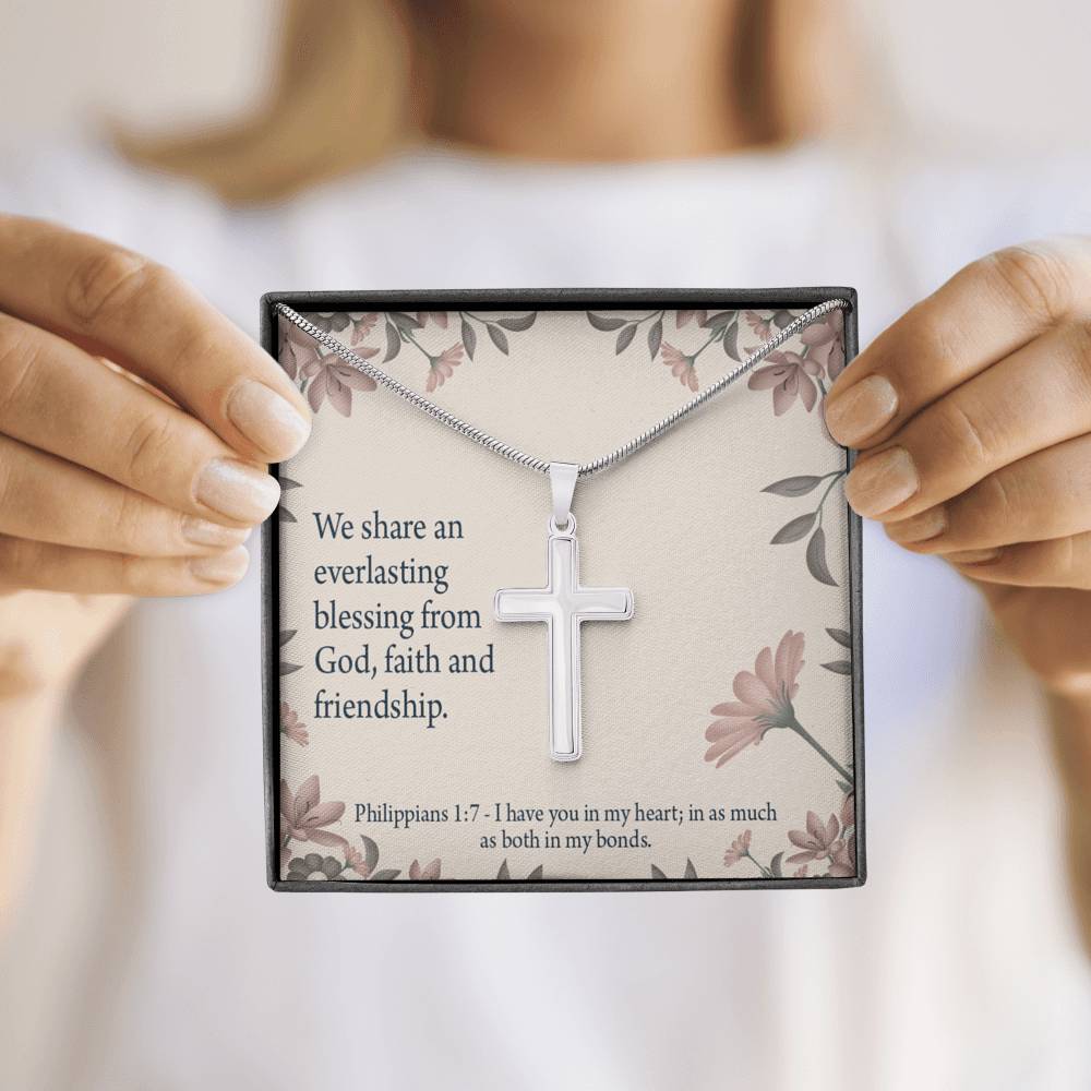 Christian Encouragement Friendship Philippians 1:7 Cross Card Necklace w Stainless Steel Pendant-Express Your Love Gifts