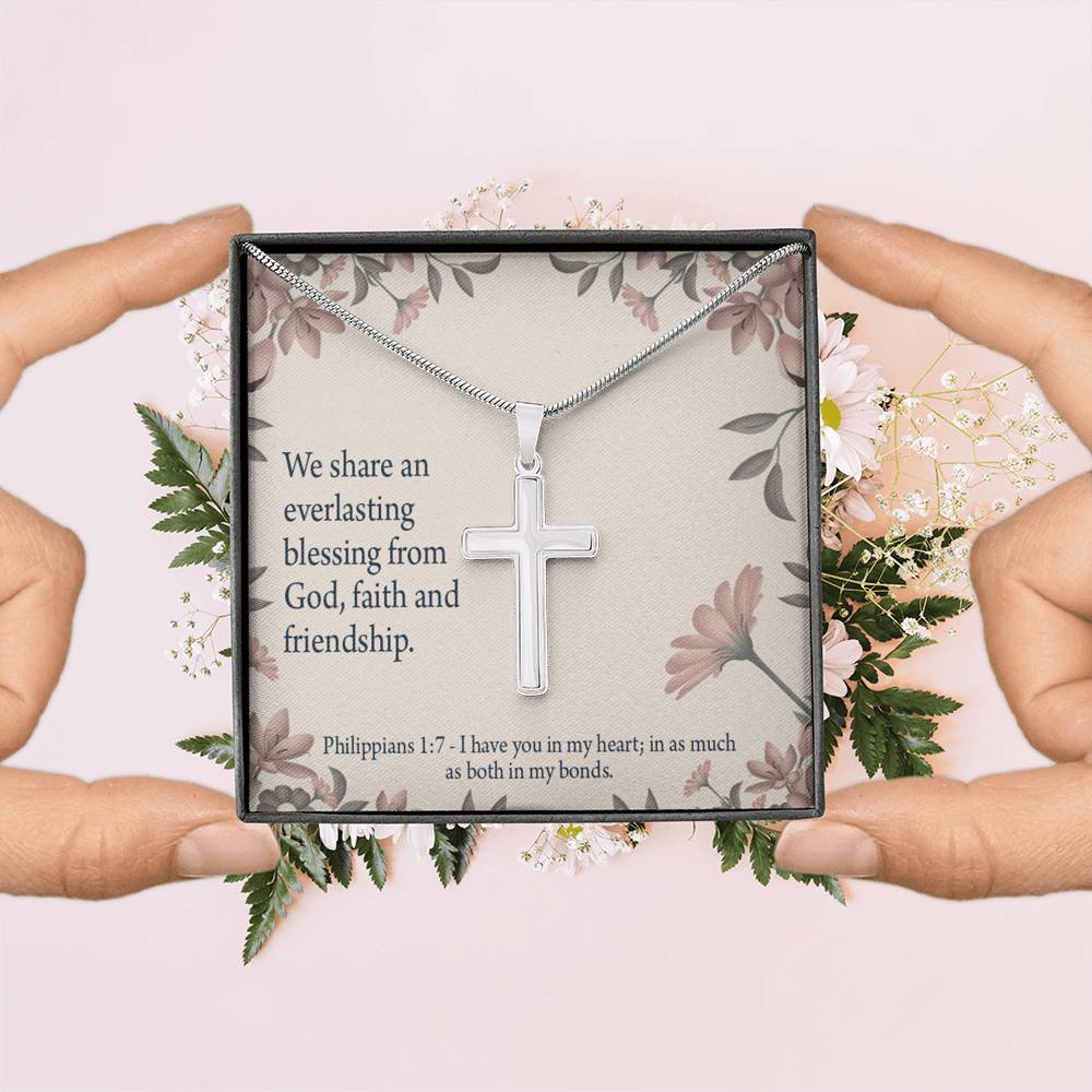 Christian Encouragement Friendship Philippians 1:7 Cross Card Necklace w Stainless Steel Pendant-Express Your Love Gifts