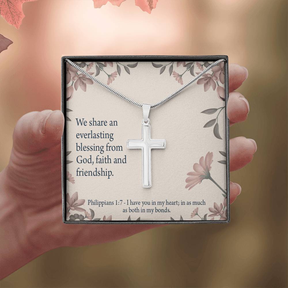 Christian Encouragement Friendship Philippians 1:7 Cross Card Necklace w Stainless Steel Pendant-Express Your Love Gifts