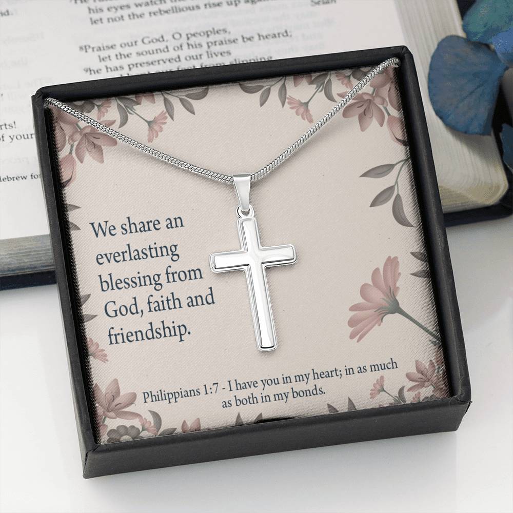 Christian Encouragement Friendship Philippians 1:7 Cross Card Necklace w Stainless Steel Pendant-Express Your Love Gifts