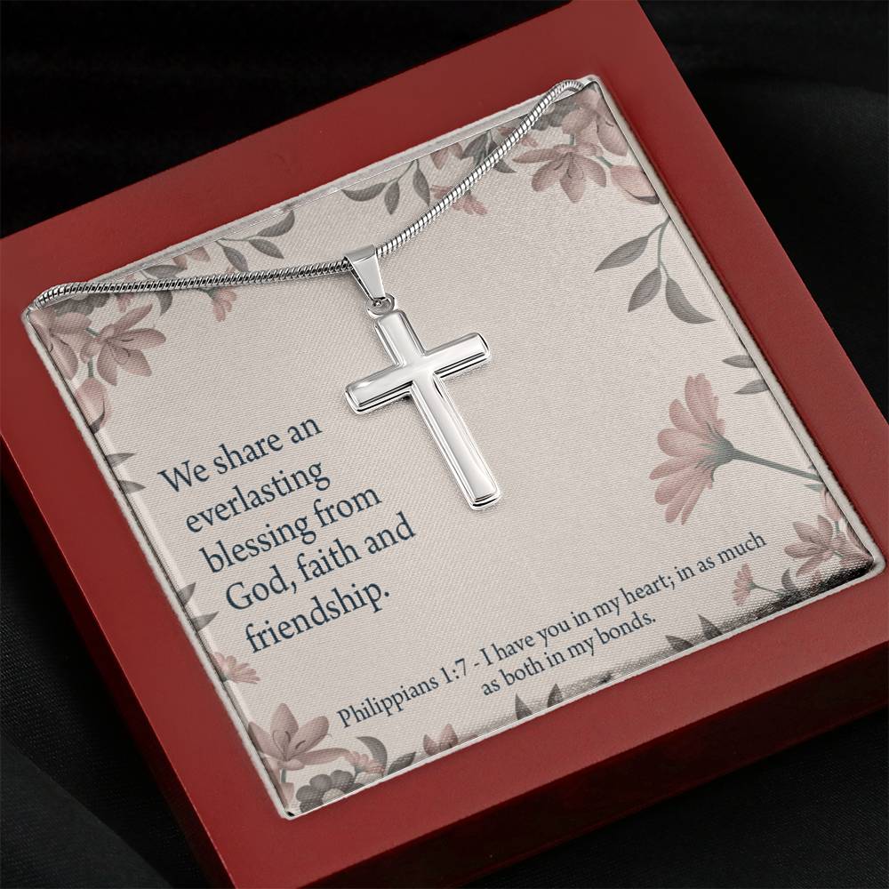 Christian Encouragement Friendship Philippians 1:7 Cross Card Necklace w Stainless Steel Pendant-Express Your Love Gifts