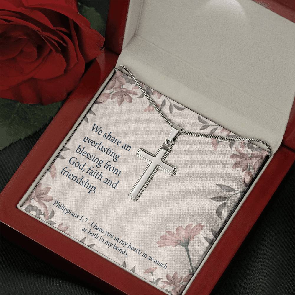 Christian Encouragement Friendship Philippians 1:7 Cross Card Necklace w Stainless Steel Pendant-Express Your Love Gifts