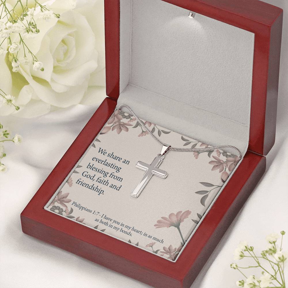 Christian Encouragement Friendship Philippians 1:7 Cross Card Necklace w Stainless Steel Pendant-Express Your Love Gifts