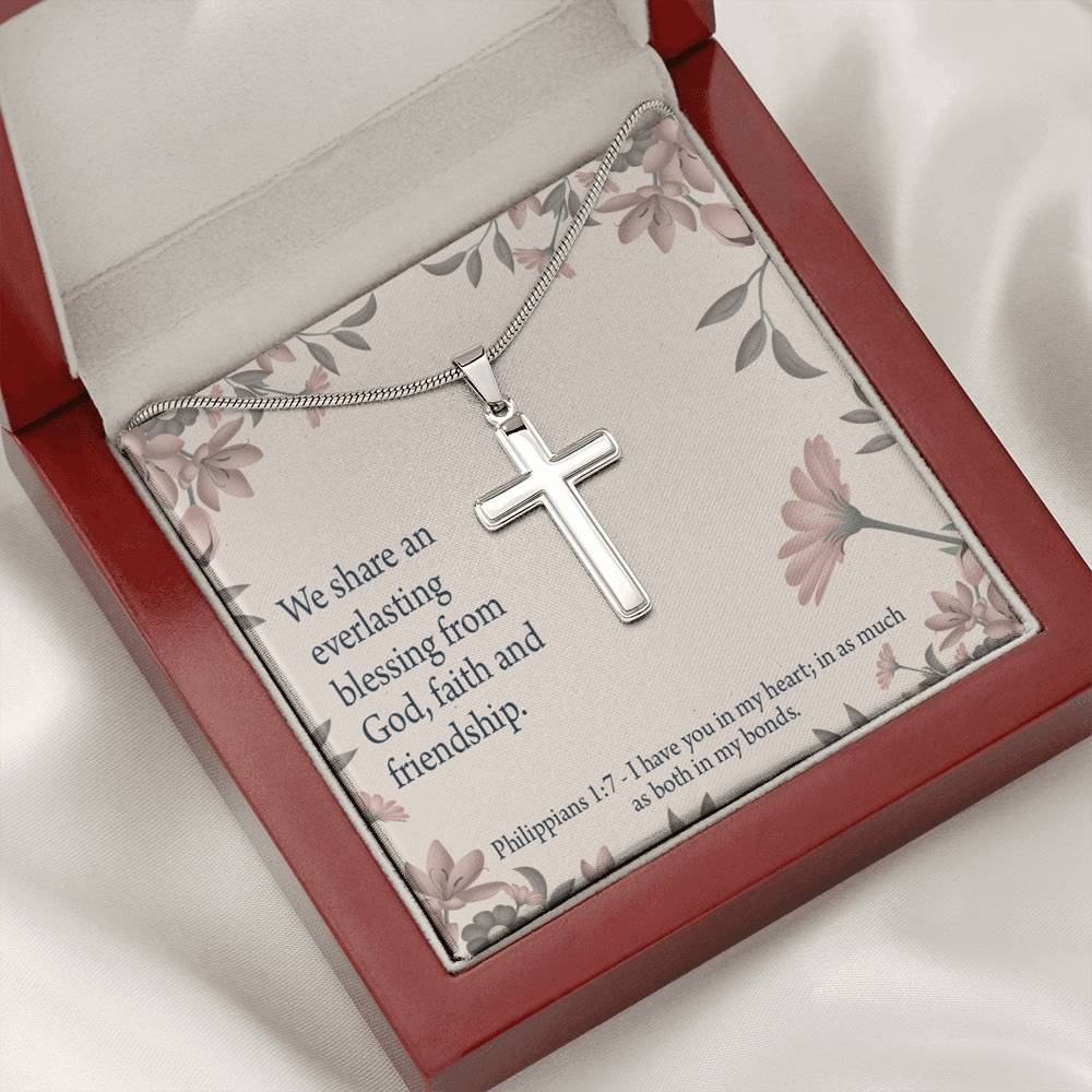 Christian Encouragement Friendship Philippians 1:7 Cross Card Necklace w Stainless Steel Pendant-Express Your Love Gifts