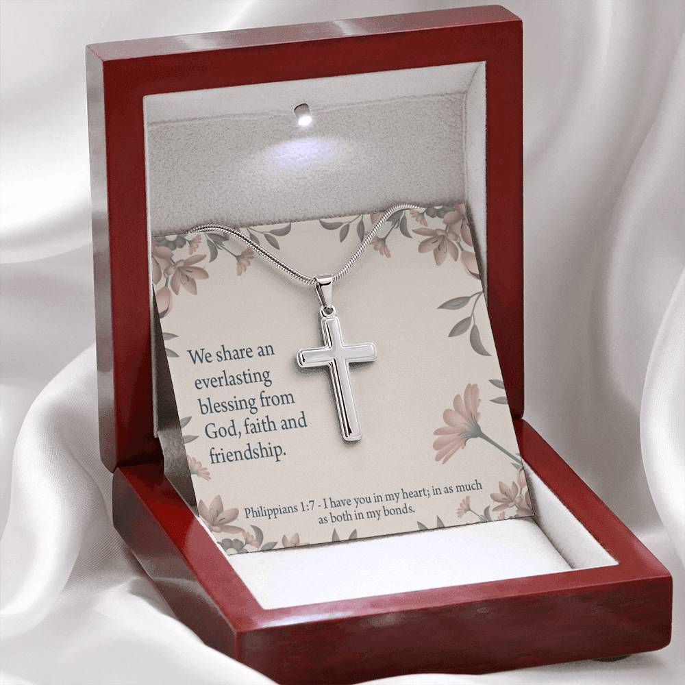 Christian Encouragement Friendship Philippians 1:7 Cross Card Necklace w Stainless Steel Pendant-Express Your Love Gifts