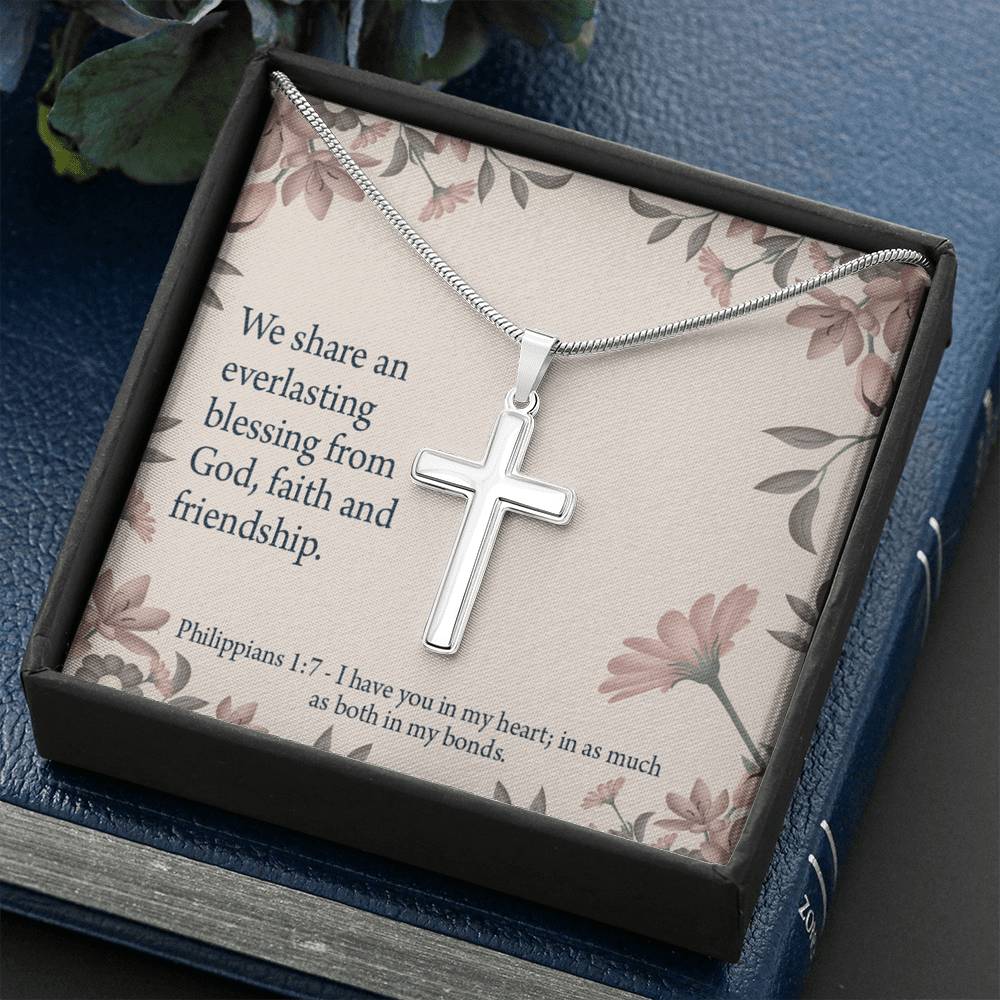 Christian Encouragement Friendship Philippians 1:7 Cross Card Necklace w Stainless Steel Pendant-Express Your Love Gifts