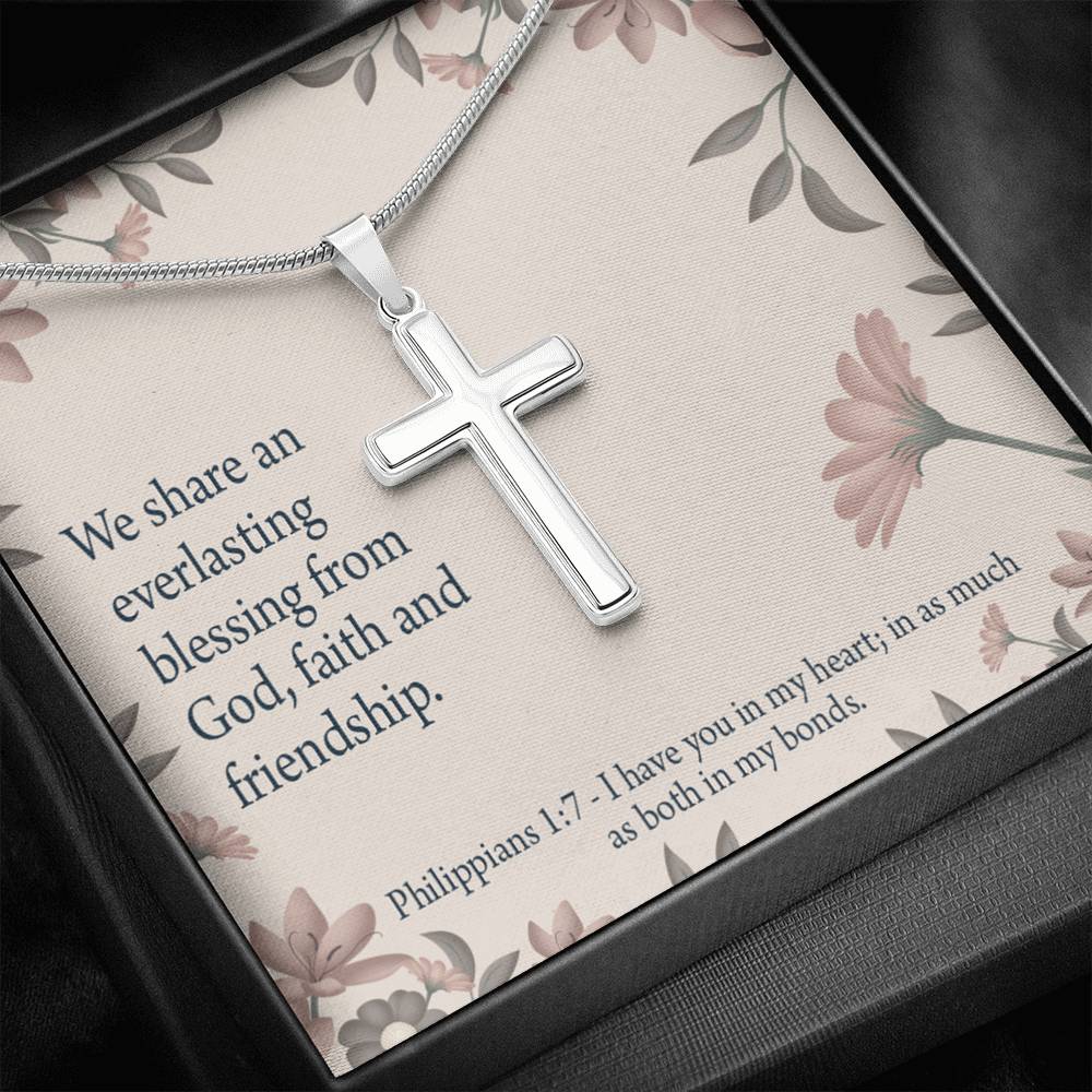 Christian Encouragement Friendship Philippians 1:7 Cross Card Necklace w Stainless Steel Pendant-Express Your Love Gifts