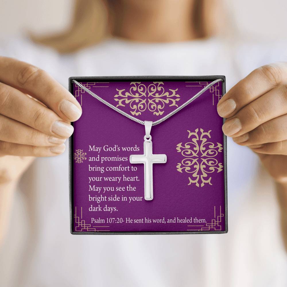 Christian Encouragement Get Well God's Words & Promises Psalm 107:20 Cross Card Necklace w Stainless Steel Pendant-Express Your Love Gifts