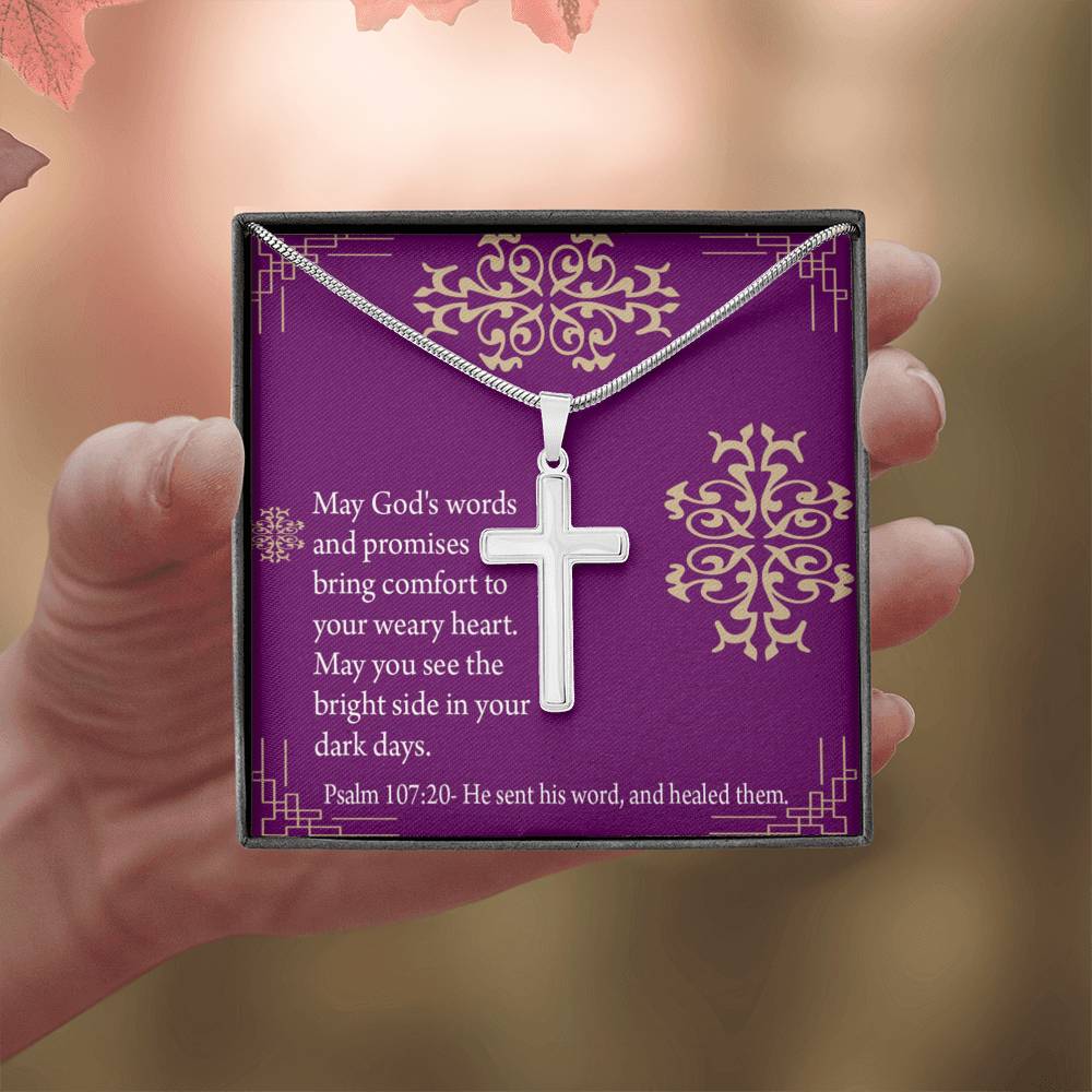 Christian Encouragement Get Well God's Words & Promises Psalm 107:20 Cross Card Necklace w Stainless Steel Pendant-Express Your Love Gifts