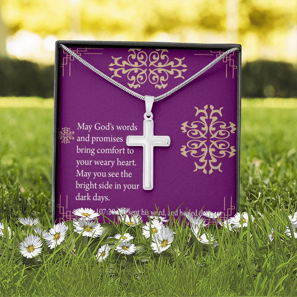 Christian Encouragement Get Well God's Words & Promises Psalm 107:20 Cross Card Necklace w Stainless Steel Pendant-Express Your Love Gifts