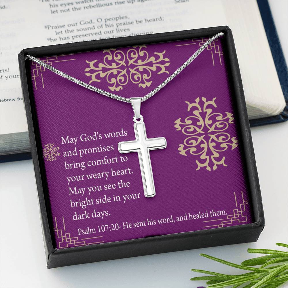 Christian Encouragement Get Well God's Words & Promises Psalm 107:20 Cross Card Necklace w Stainless Steel Pendant-Express Your Love Gifts